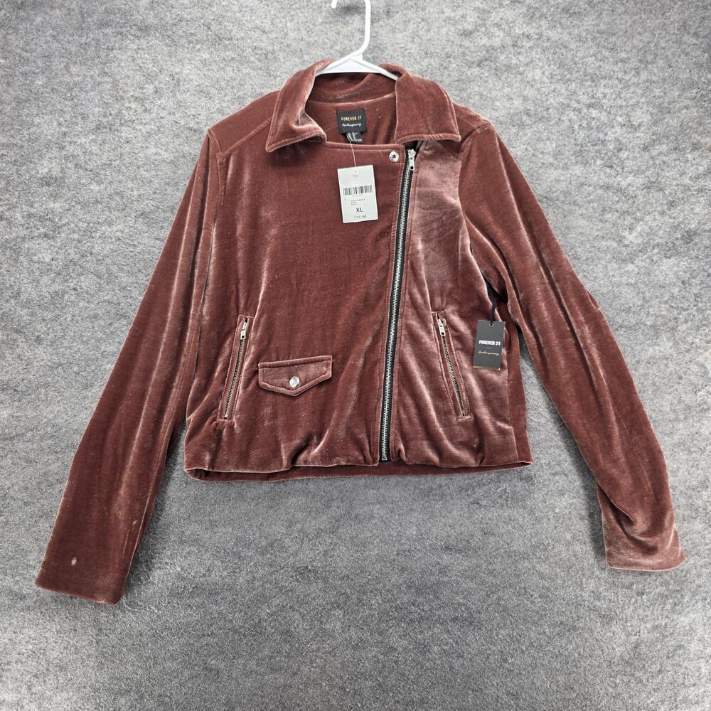 FOREVER 21 Jacket Womens XL Purple Velvet Biker Collared Lined Full Zip Pockets